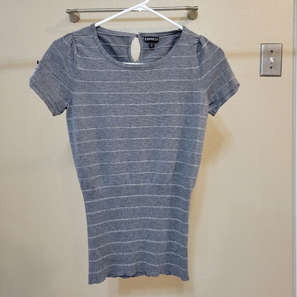 Express Women Grey Glitter Stripe Short Sleeve Sweater size Small - Picture 1 of 5